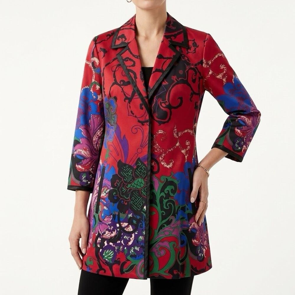 Chicos Womens 2 L 12 Art To Wear Multicolor Abstract Satin Duster Jacket Blazer